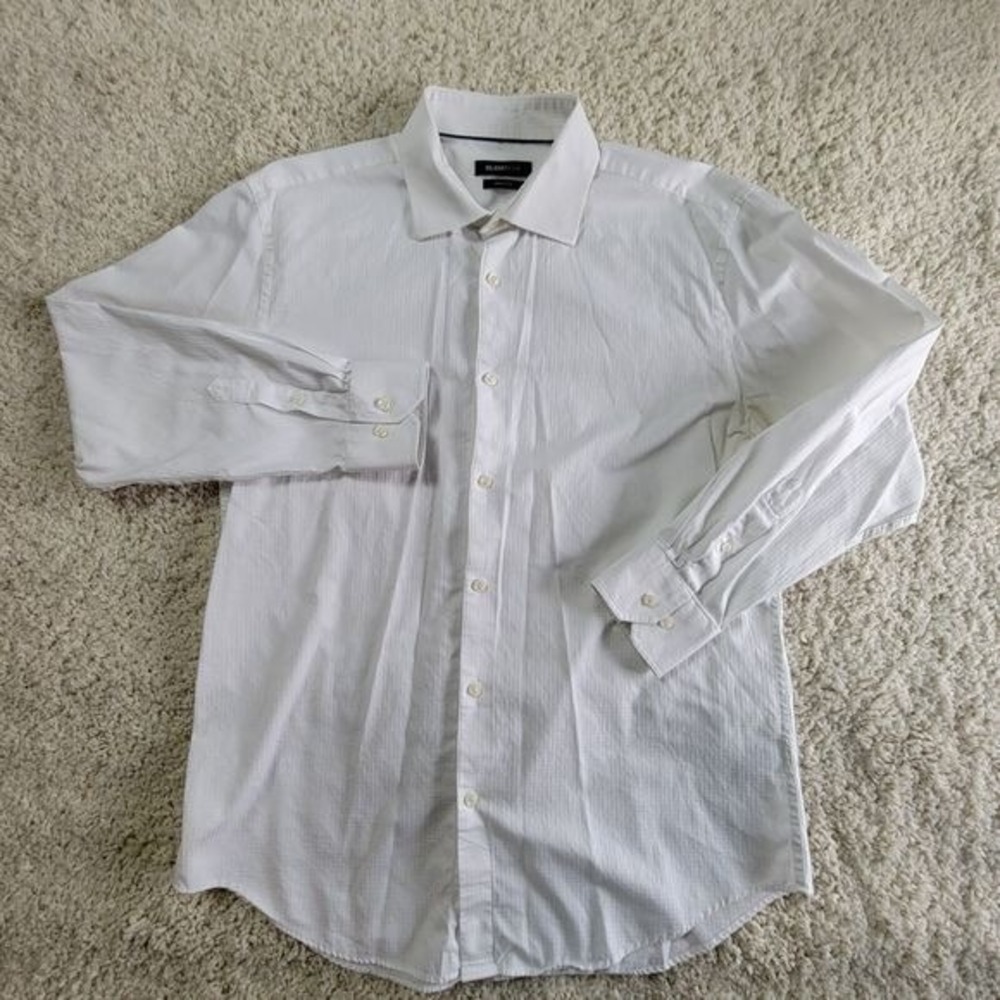 Bugatchi Mens White Herringbone Dress Shirt Shaped Fit 17 34/35 Long Sleeve